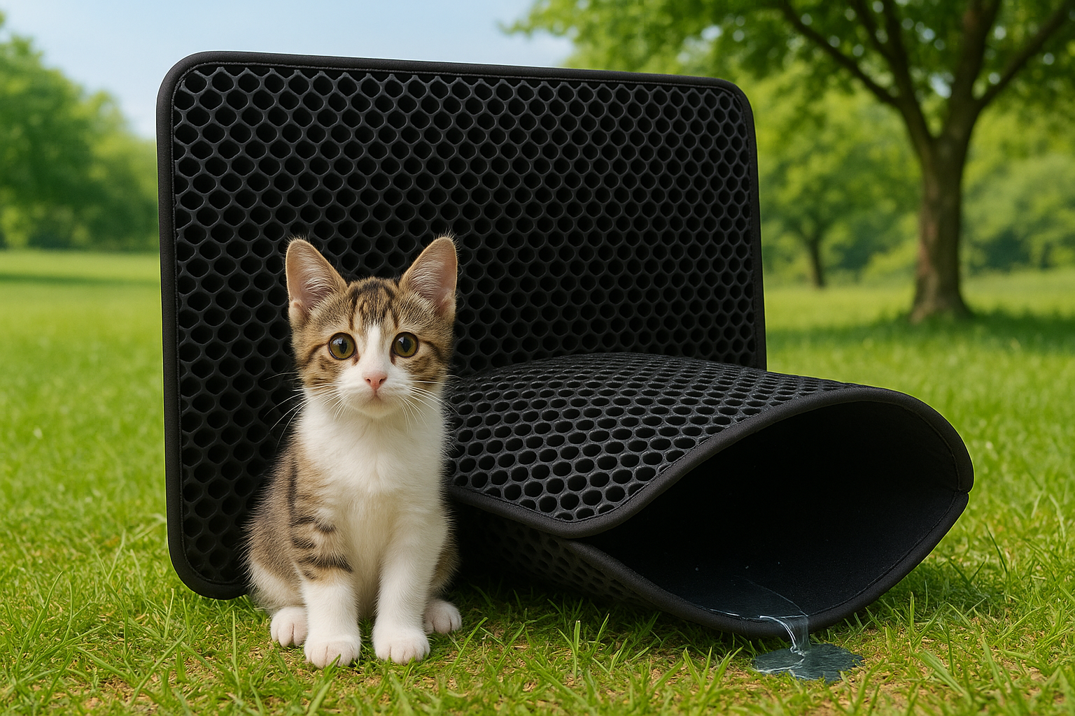 Kitty Cat Litter Mat Trapping Honeycomb Double Layer Design Waterproof Double Layer EVA Cat Litter Pad Waterproof Non-slip Sand Basin Filter Kitten Dog Washable Mattress sitting behind a pet and make the background green and white grass combo and also add a tree