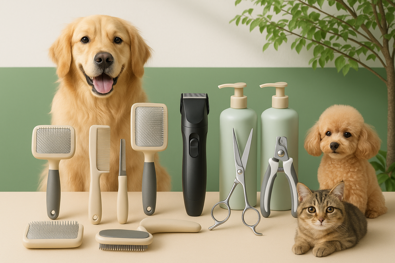 professional pet grooming kit and some pets and background green and white with a tree